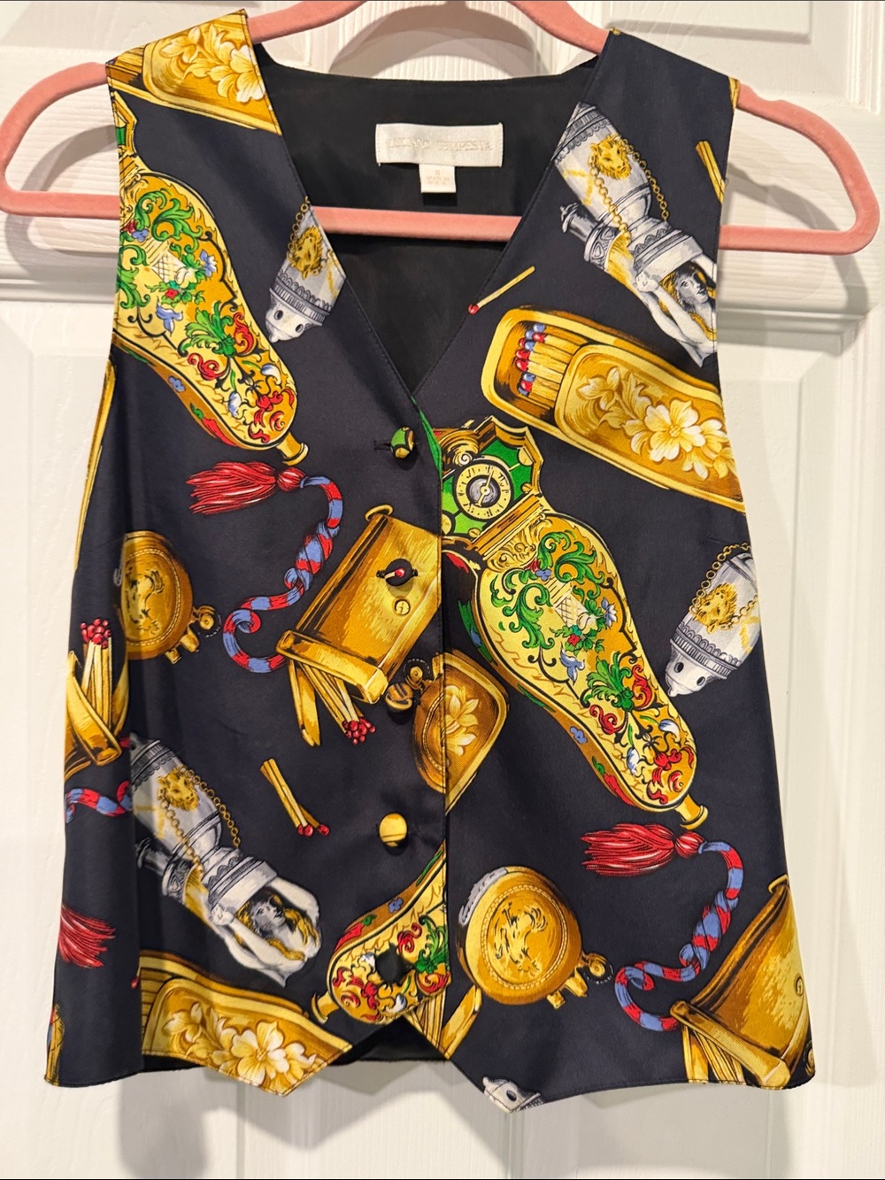 Luciano Tempestad Black Silk Printed Vest with Gold & Green Motif